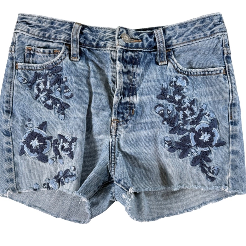 Hollister High Rise Denim Shorts Floral Embroidered Frayed Hem Women's 25 Y2K